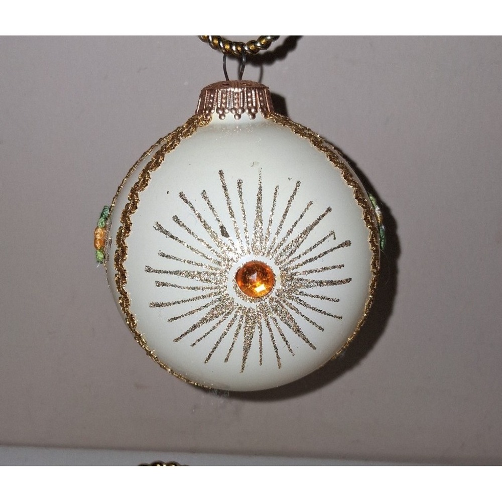 Vintage West Germany Glass Christmas Ornament 3.5" Gold Trim Amber Jewel